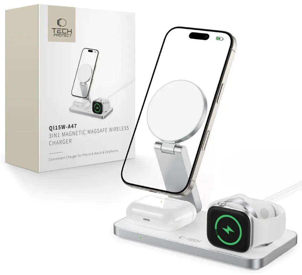 Tech-Protect QI15W-A47 MagSafe 3in1 Inductive Charger + USB-C Cable - White