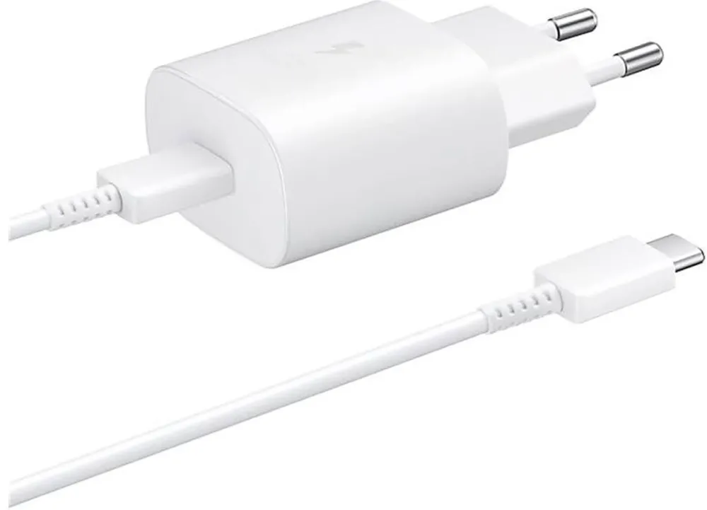 Samsung 25W EP-TA800EWE USB-C wall charger with Samsung EP-DA705BWE USB-C / USB-C cable replacement packaging - white