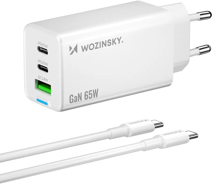 Wozinsky GaN 65W Charger with USB-A 2xUSB-C Ports with 65W USB-C Cable - White