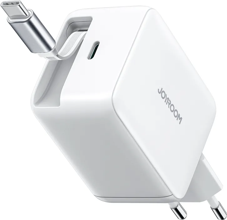 Joyroom JR-TCL06 67W GaN Wall Charger with Built-in Retractable USB-C Cable - White