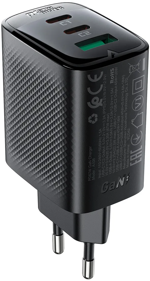 Acefast A108 GaN PD 67W 2xUSB-C 1xUSB-A Wall Charger - Black