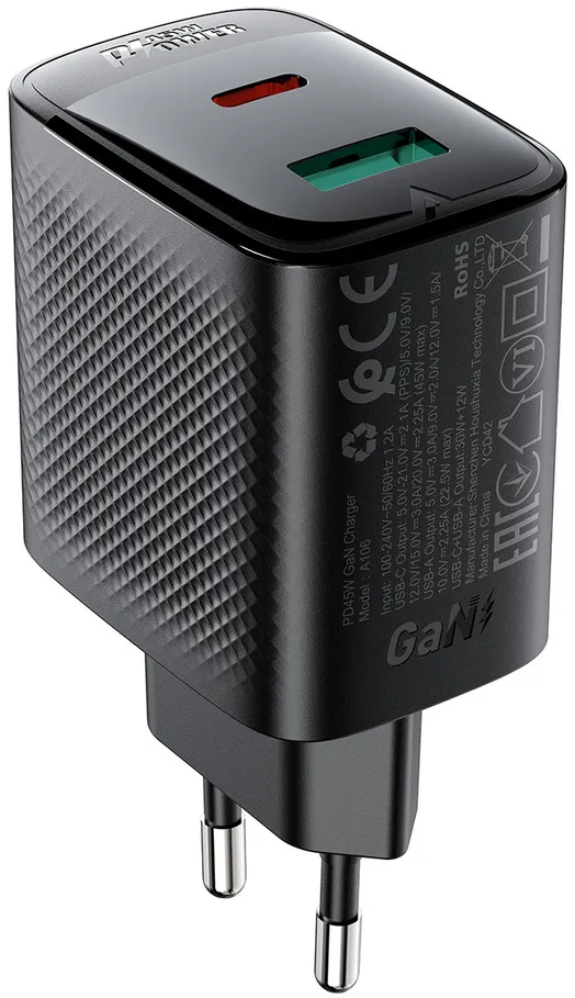 Acefast A106 GaN PD 45W USB-C USB-A Wall Charger - Black