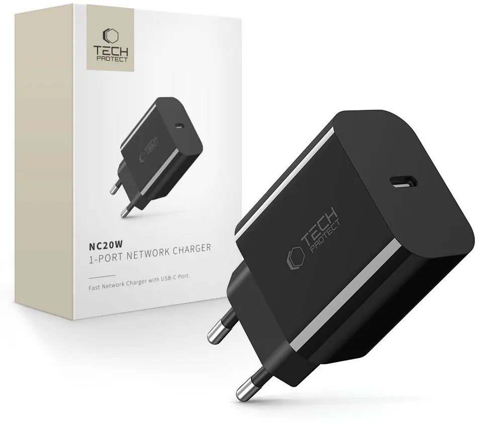 Tech-Protect NC20W USB-C 1-Port PD20W Wall Charger - Black