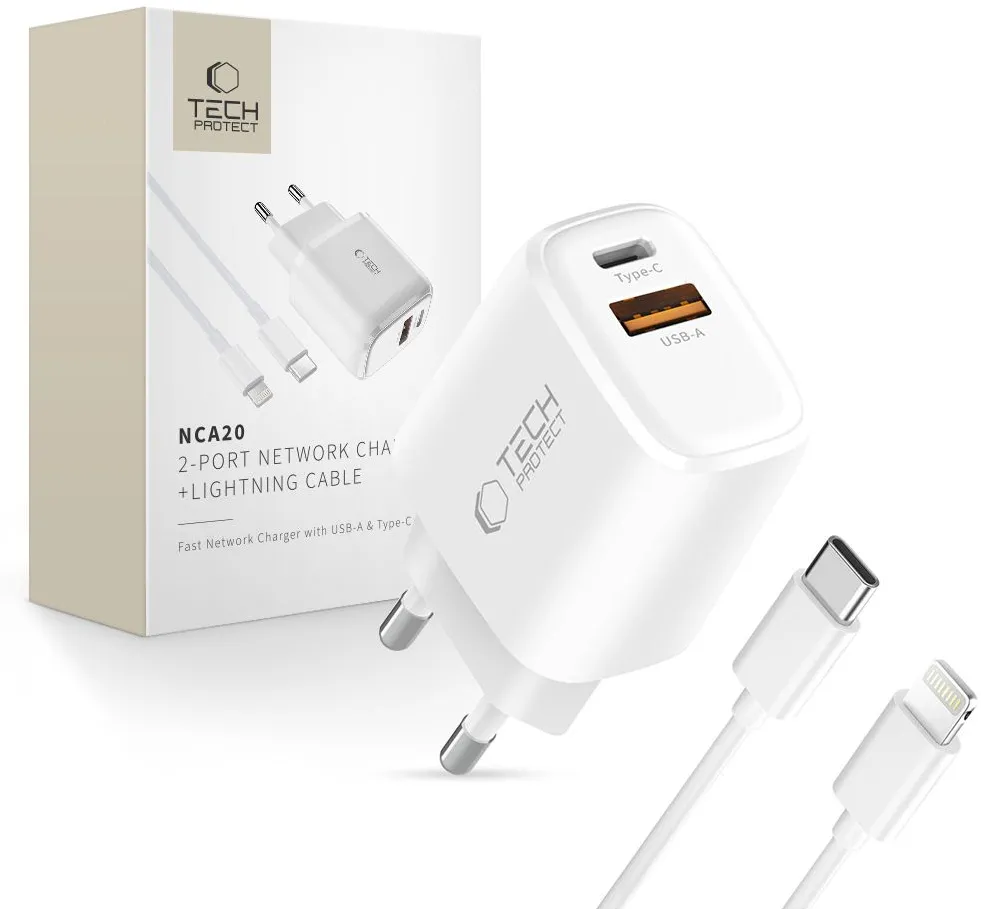 Tech-Protect NCA20 PD 20W QC3.0 USB-A / USB-C Wall Charger + USB-C / Lightning Cable 100cm - White