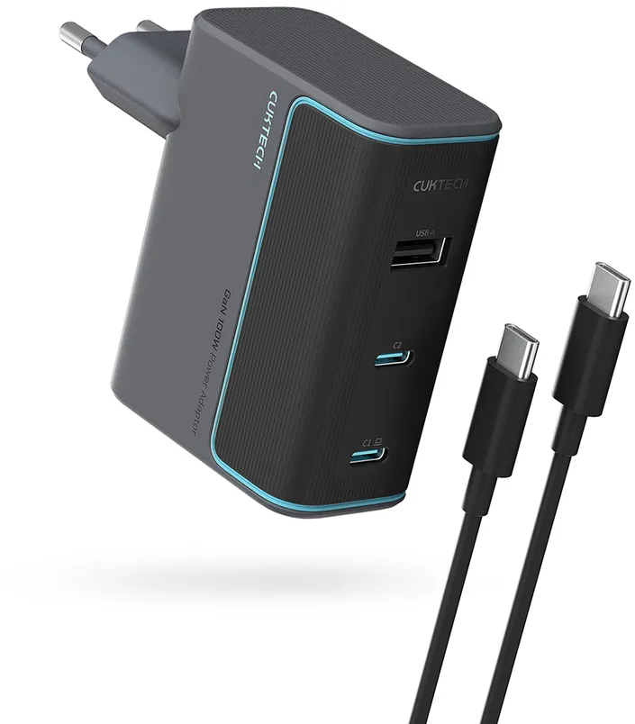 Cuktech CUKAD1003EUG GaN 100W Wall Charger 2 x USB-C 1 x USB-A with USB-C Cable - Gray