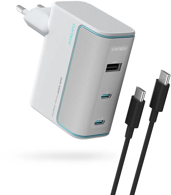 Cuktech AD1003EU 100W GaN 2x USB-C + USB-A Wall Charger with Cable - White
