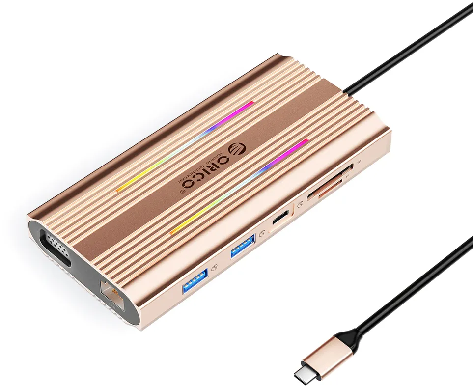 Orico XDR 12in1 RGB USB-C Docking Station 3x USB-A USB-C PD 100W HDMI 4K VGA RJ45 Gigabit SD and microSD Card Reader - Rose Gold
