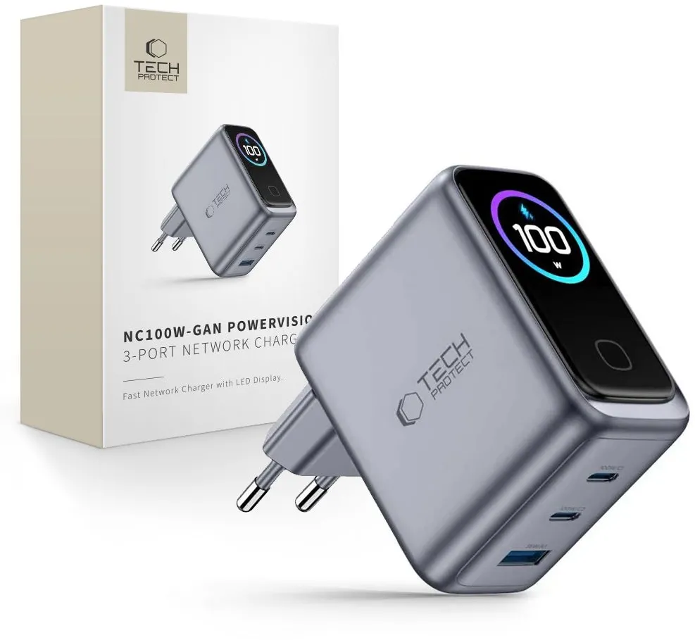 Tech-Protect PowerVision NC100W-GaN 3-Port PD 100W / QC3.0 Wall Charger - Dark Gray