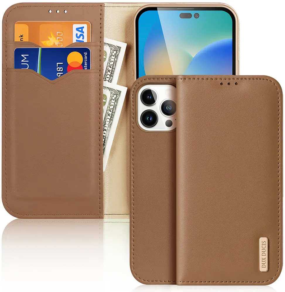 Dux Ducis Hivo Leather Flip Cover Genuine Leather Wallet for Cards and Documents iPhone 14 Pro Max Brown