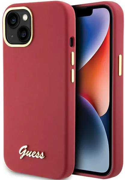 Guess Silicone Script Metal Logo & Frame case for iPhone 15 - red