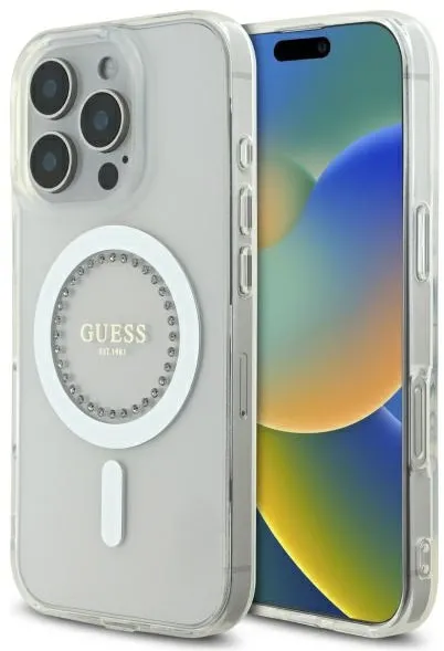 Guess IML Rhinestones MagSafe Case for iPhone 16 Pro Max - White