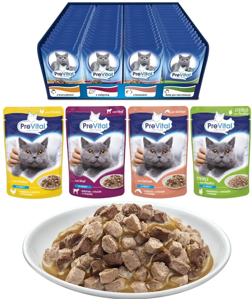 PREVITAL Cat Food Mix 4 Flavors Chicken, Veal, Salmon, Poultry – wet cat food – 96 x 100 g