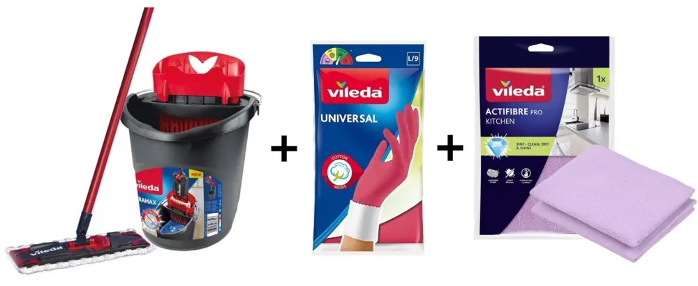 Vileda Ultramax Box flat mop with kitchen set | 1 pair of Universal gloves + 1 Actifibre Pro kitchen cloth