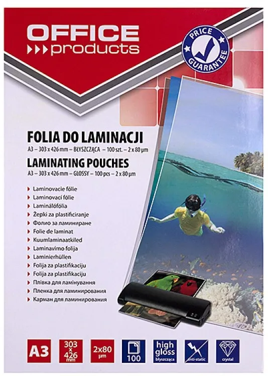 OFFICE PRODUCTS Laminating film, A3, 2x80 microns, glossy, 100 sheets, transparent