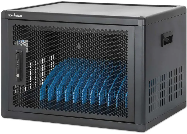 Manhattan Laptop Charging Cabinet Desktop (or trolley) via USB-C 65W 16" 12-bay, Suitable for USB-C laptops (to 16"), iPads, MacBooks, Chromebooks, other USB-C devices, Bays 395x32.5x290mm, USB-C charging cables included,Cart, UK & EU