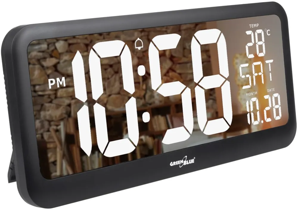 Large Digital Clock Wall Mount Free Standing with Temperature Sensor 37x17cm LCD Display Power Adapter & Battery Operated