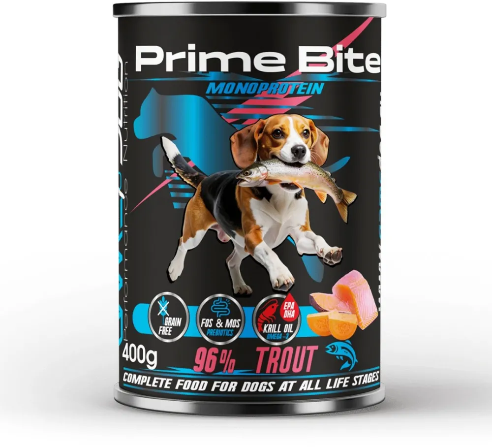 PRIME BITE Monoprotein Trout with sweet potato - wet dog food - 400g