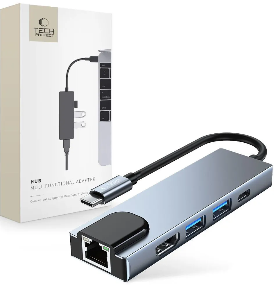 HUB Tech-Protect V3 5in1 USB-C - USB-A 3.0 / USB-A 2.0 / USB-C / HDMI / RJ45 - gray