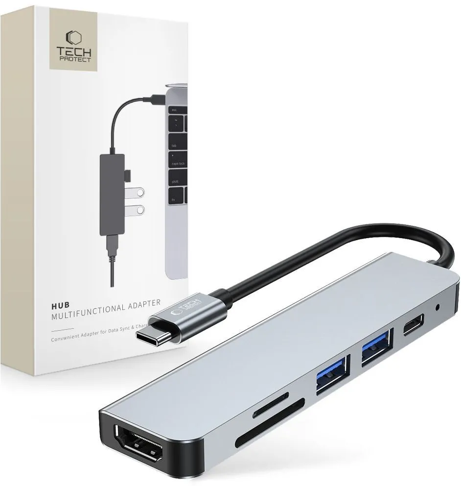 HUB Tech-Protect V4 6in1 USB-C - USB-A 3.0 / USB-A 2.0 / USB-C / HDMI / micro SD / TF / SD card reader - gray