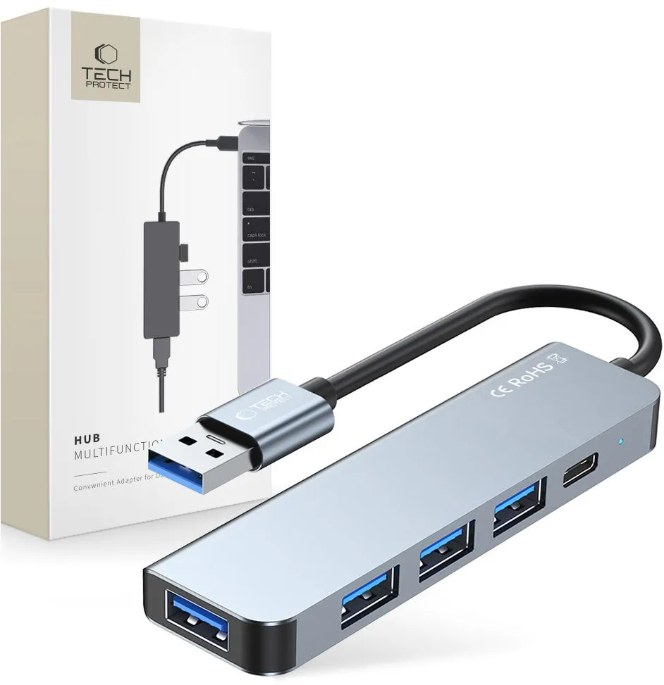 HUB Tech-Protect V0 5in1 USB-A - USB-A 3.0 / 3x USB-A 2.0 / USB-C - gray