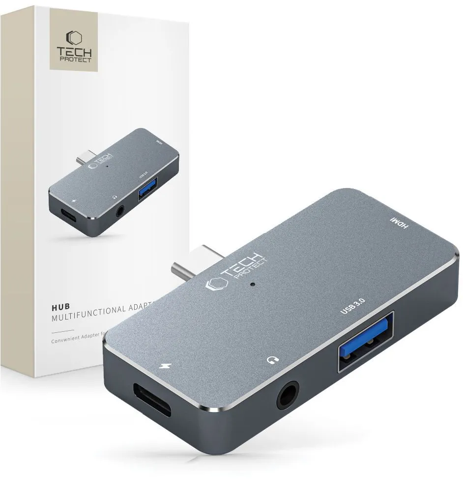 HUB Tech-Protect V6 4in1 USB-C - USB-A 3.0 / USB-C PD100W / HDMI / mini jack 3.5mm - gray