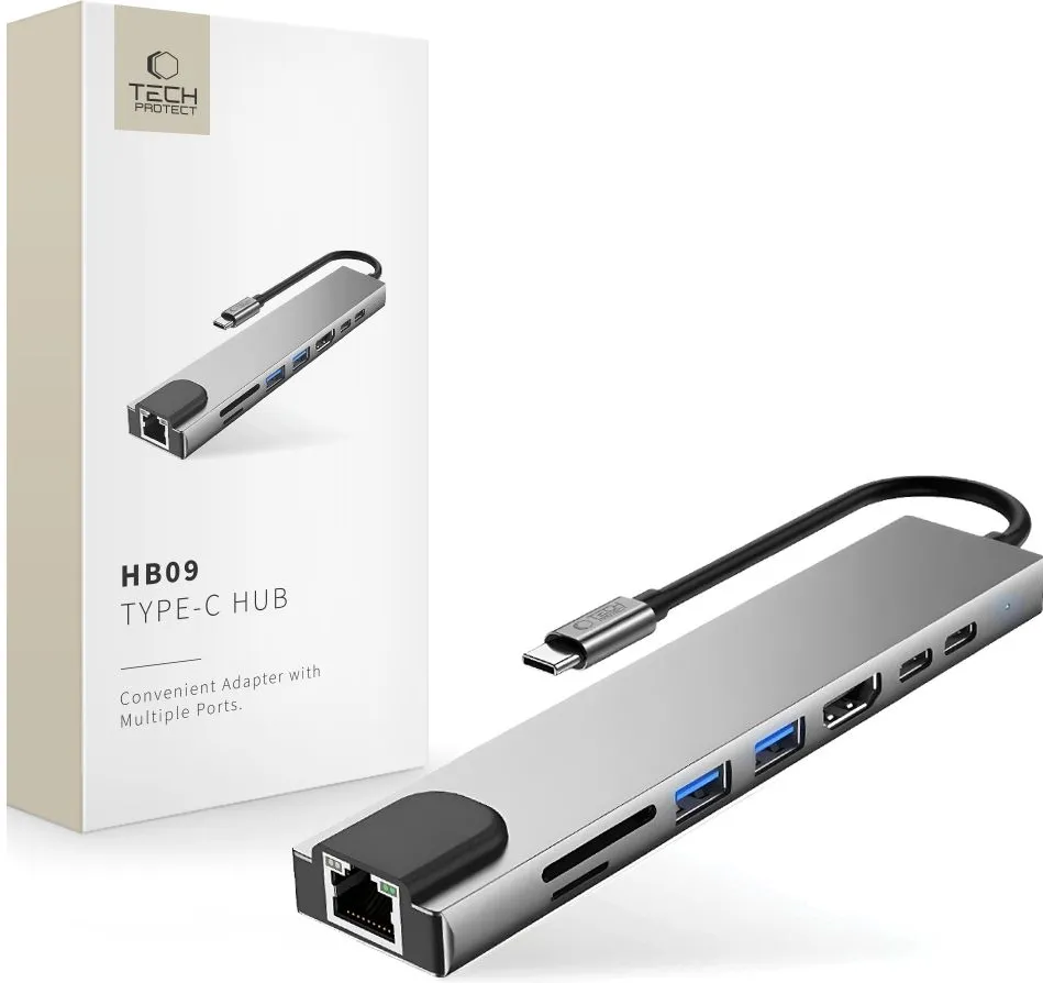 Tech-Protect HB09 USB hub 8in1 TYPE-C + USB-A 3.0 + USB-C 3.0 + HDMI 4K 60HZ + SD/TF + PD100W + RJ45 1000 MB/S - gray