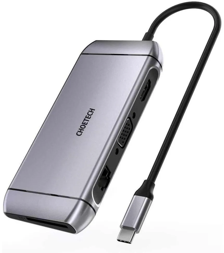 Choetech 9in1 multifunctional USB Type C HUB - 3x USB 3.2 Gen 1 / SD and TF memory card reader / HDMI 4K 30Hz / VGA Full HD 60Hz / USB Type C / RJ45 gray (HUB-M15 gray)