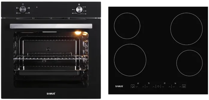 Cuptor electric incorporabil + plita vitroceramica incorporabila, Samus B12, clasa A, 81 litri, 4 functii, 4 zone de gatit, 5800 W, 9 trepte de putere, negru