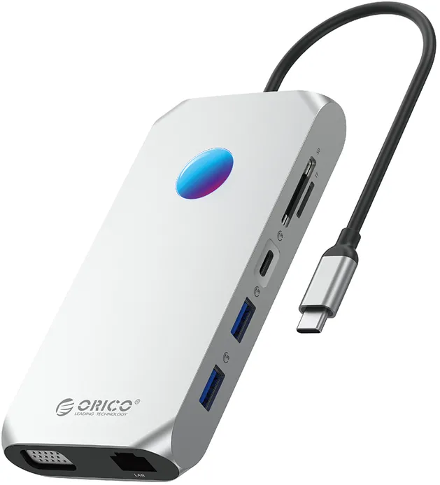 Orico XCR 12in1 RGB USB-C Docking Station 2x USB-A 3.1 1x USB-A 2.0 1x USB-C PD 100 W 1x USB-C 3.1 2x HDMI 2.0 4K 60Hz 1x VGA 1080p 1x microSD/SD 3.0 1x RJ Gigabit Ethernet 1x Audio CTIA 3.5 mm - Gray