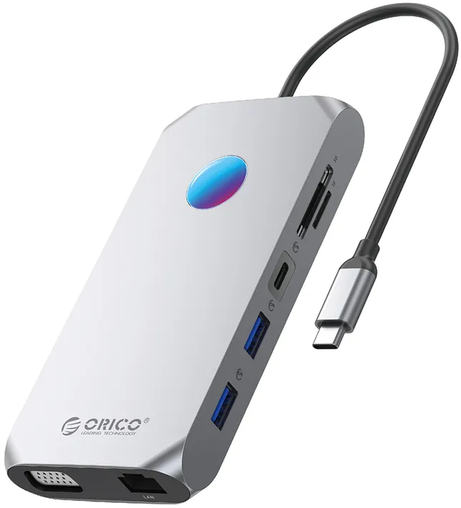 Orico XCR 12in1 RGB USB-C Docking Station 3x USB-A 3.1 1x USB-A 2.0 1x USB-C PD 100 W 1x USB-C 3.1 1x HDMI 1.4 4K 30Hz 1x VGA 1080p 1x microSD/SD 3.0 1x RJ Gigabit Ethernet 1x Audio CTIA 3.5 mm - Gray