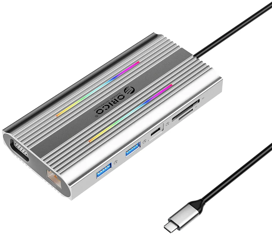 Orico XDR 12in1 RGB USB-C Docking Station USB-A USB-C PD 100W 2x HDMI 4K 60Hz VGA RJ45 Gigabit SD and microSD Card Reader - Gray
