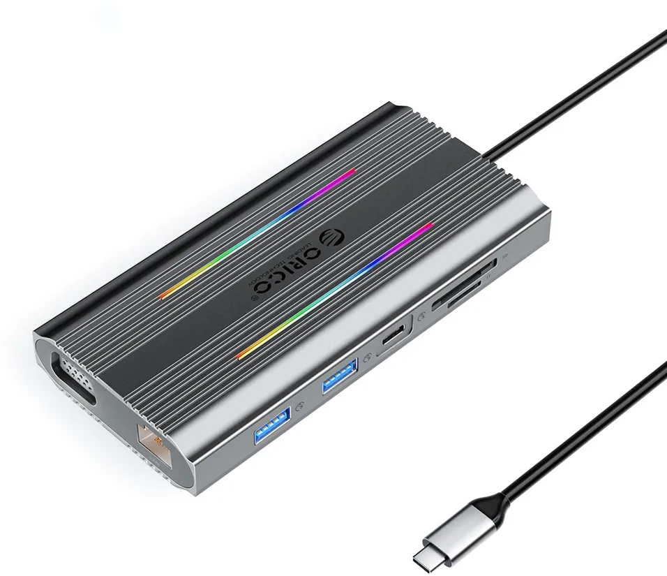 Orico XCR 12in1 RGB USB-C Docking Station 3x USB-A USB-C PD 100W HDMI 4K VGA RJ45 Gigabit SD and microSD Card Reader - Gray