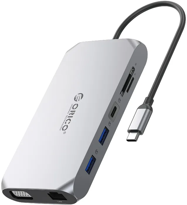 Orico XCR 12in1 USB-C Docking Station 2x USB-A 3.1 1x USB-A 2.0 1x USB-C PD 100W 1x USB-C 3.1 2x HDMI 2.0 4K 60 Hz 1x VGA 1080p 1x SD 3.0 1x microSD 3.0 1x RJ45 Gigabit Ethernet 1x audio CTIA 3.5 mm - Gray