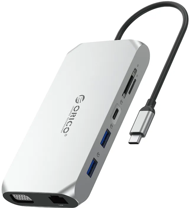 Orico XCR 12in1 USB-C Docking Station 3x USB-A 3.1 1x USB-A 2.0 1x USB-C PD 100 W 1x USB-C 3.1 1x HDMI 1.4 4K 30 Hz 1x VGA 1080p 1x SD 3.0 1x microSD 3.0 1x RJ45 Gigabit Ethernet 1x audio CTIA 3.5 mm - Silver