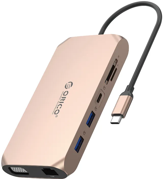Orico XCR 12in1 USB-C Docking Station 3x USB-A 3.1 1x USB-A 2.0 1x USB-C PD 100W 1x USB-C 3.1 1x HDMI 1.4 4K 30 Hz 1x VGA 1080p 1x SD 3.0 1x microSD 3.0 1x RJ45 Gigabit Ethernet 1x audio CTIA 3.5mm - Rose Gold
