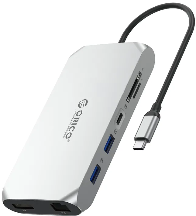 Orico XCR 12in1 USB-C Docking Station 2x USB-A 3.1 1x USB-A 2.0 1x USB-C PD 100W 1x USB-C 3.1 2x HDMI 2.0 4K 60 Hz 1x DisplayPort 1.4 4K 60 Hz 1x SD 3.0 1x microSD 3.0 1x RJ45 Gigabit Ethernet 1x audio CTIA 3.5 mm - silver