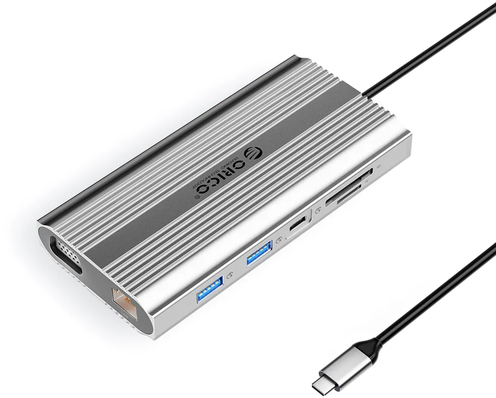 Orico XDR 12in1 USB-C Docking Station USB-A USB-C HDMI 4K VGA RJ45 Gigabit PD 100W SD and microSD Card Reader - Silver