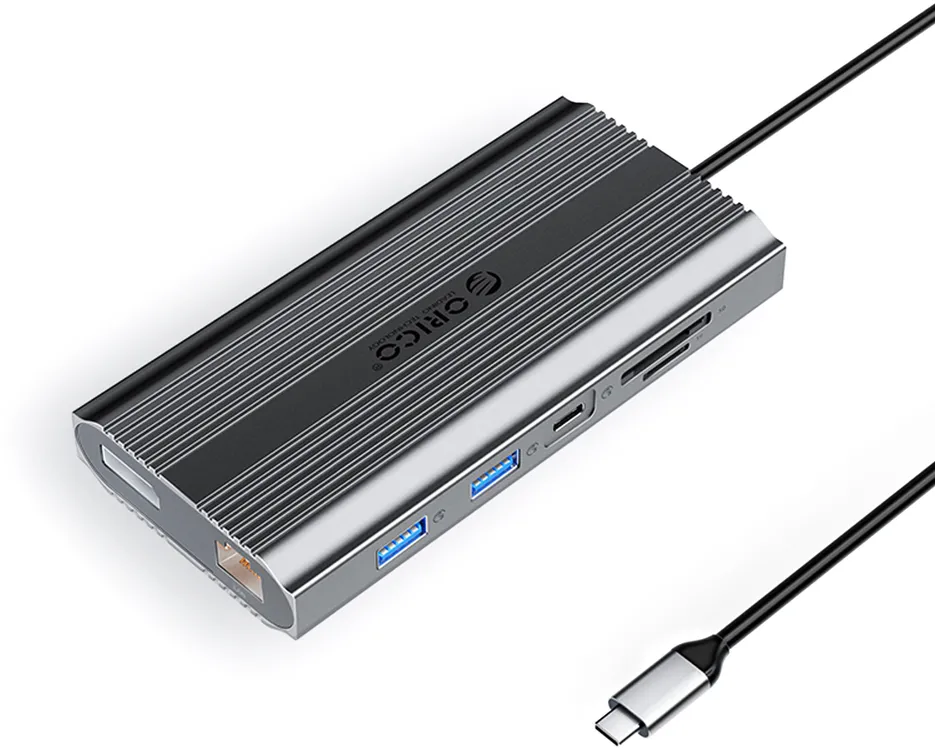 Orico XDR 12in1 USB-C Docking Station USB-A USB-C 2x HDMI 4K 60Hz DisplayPort 4K 60Hz RJ45 Gigabit PD 100W SD and microSD Card Reader - Gray