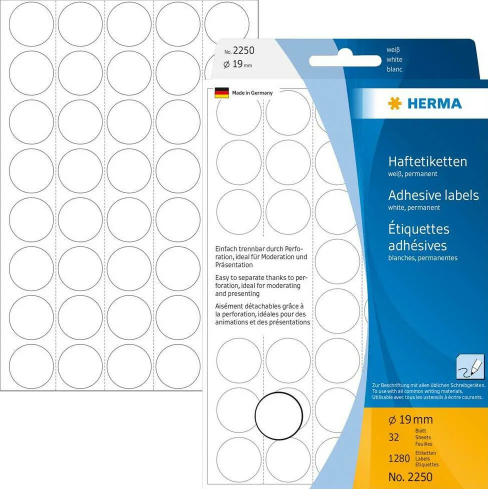 Etichete autoadezive multifunctionale Herma 2250 rotunde 19 mm hartie alb 1280 buc