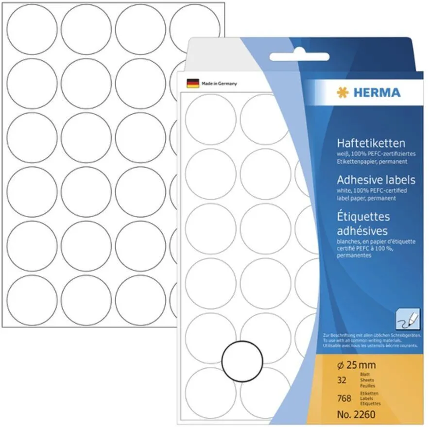 Etichete autoadezive multifunctionale Herma 2260 rotunde 25 mm hartie alb 768 buc
