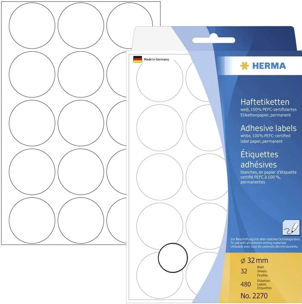 Etichete autoadezive multifunctionale Herma 2270 rotunde 32 mm hartie alb 480 buc