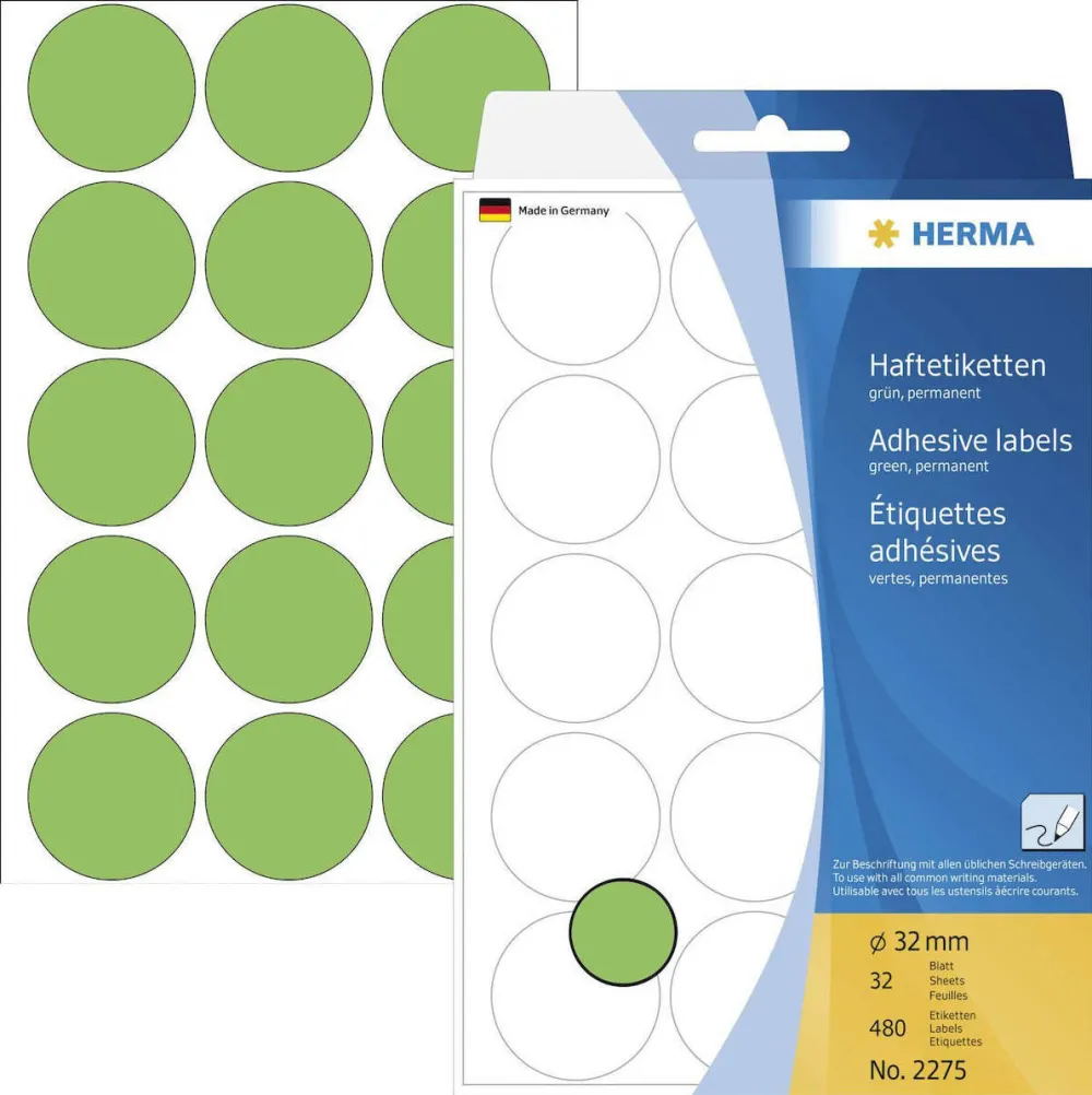 Etichete autoadezive multifunctionale Herma 2275 rotunde 32 mm hartie verde 480 buc