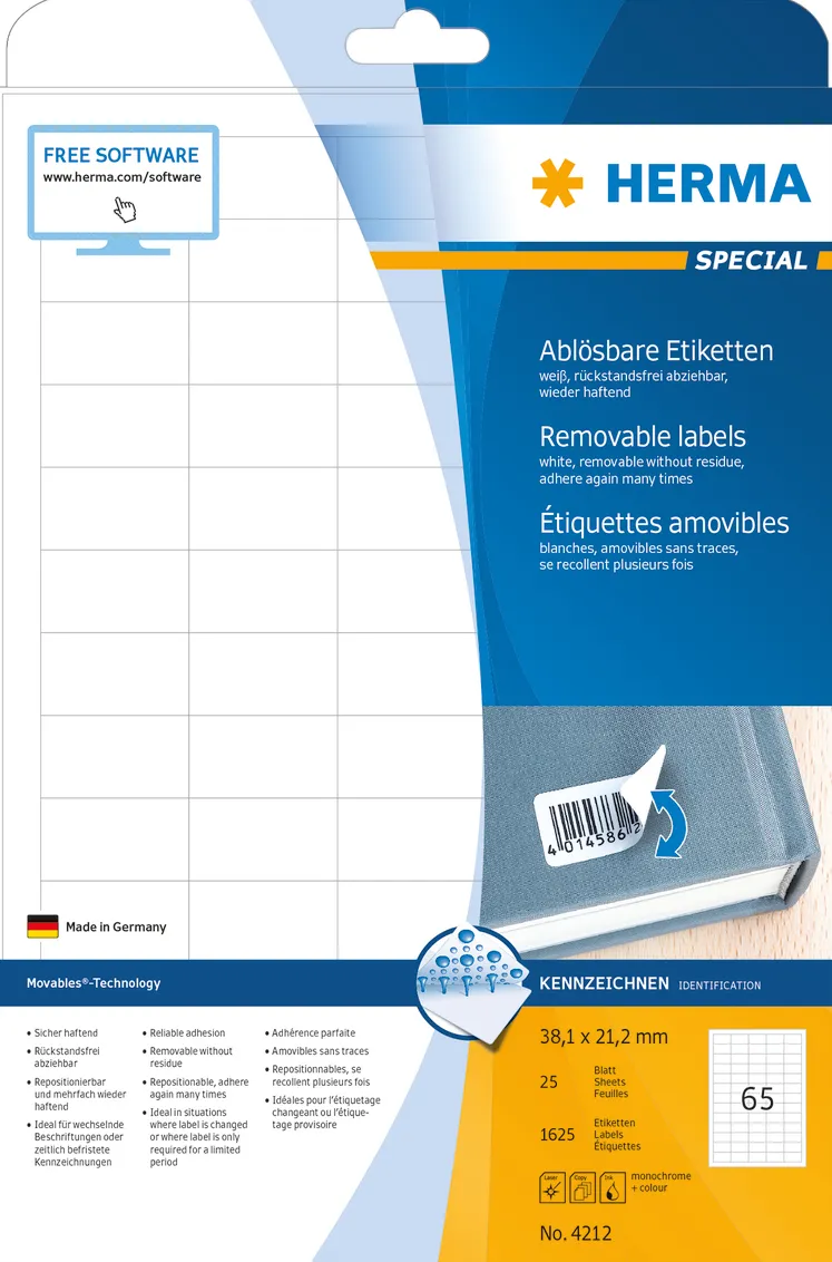 Etichete autoadezive dezlipibile Herma 4212 A4 38,1x21,2 mm alb 1625 buc