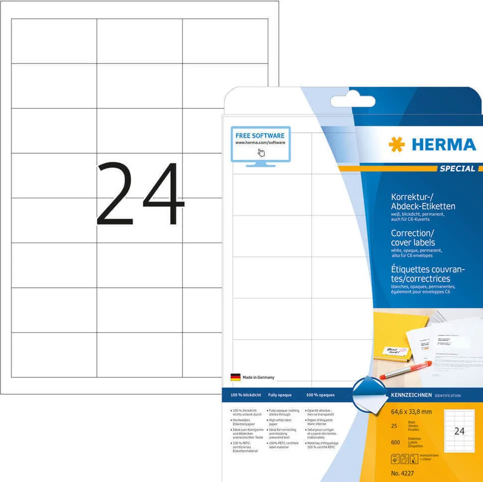 Etichete autoadezive de acoperire opace Herma 4227 A4 64,6x33,8 mm alb 600 buc