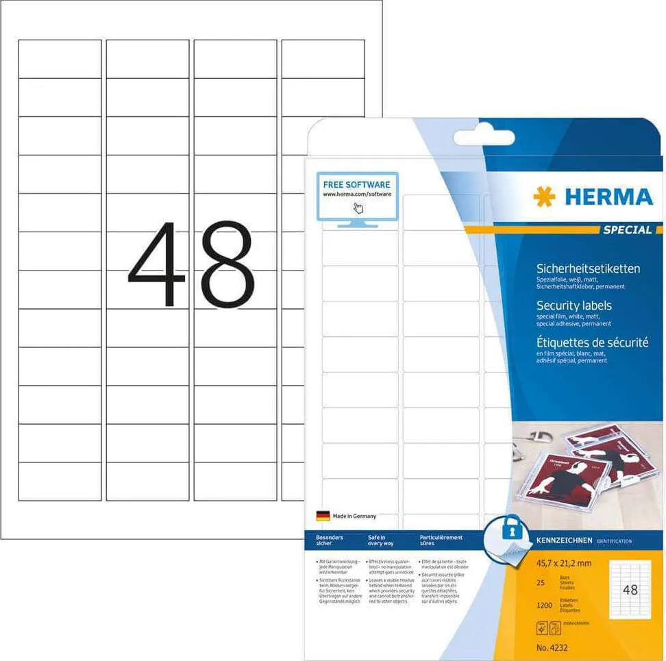 Etichete de securitate autoadezive Herma 4232 A4 din folie 45,7x21,2 mm alb 1200 buc