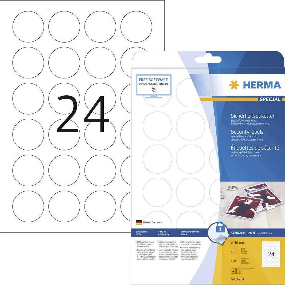 Etichete de securitate autoadezive Herma 4234 A4 din folie rotunde 40 mm alb 600 buc