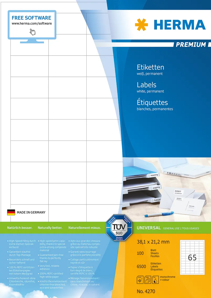 Etichete autoadezive Herma 4270 A4 38,1x21,2 mm alb 6500 buc