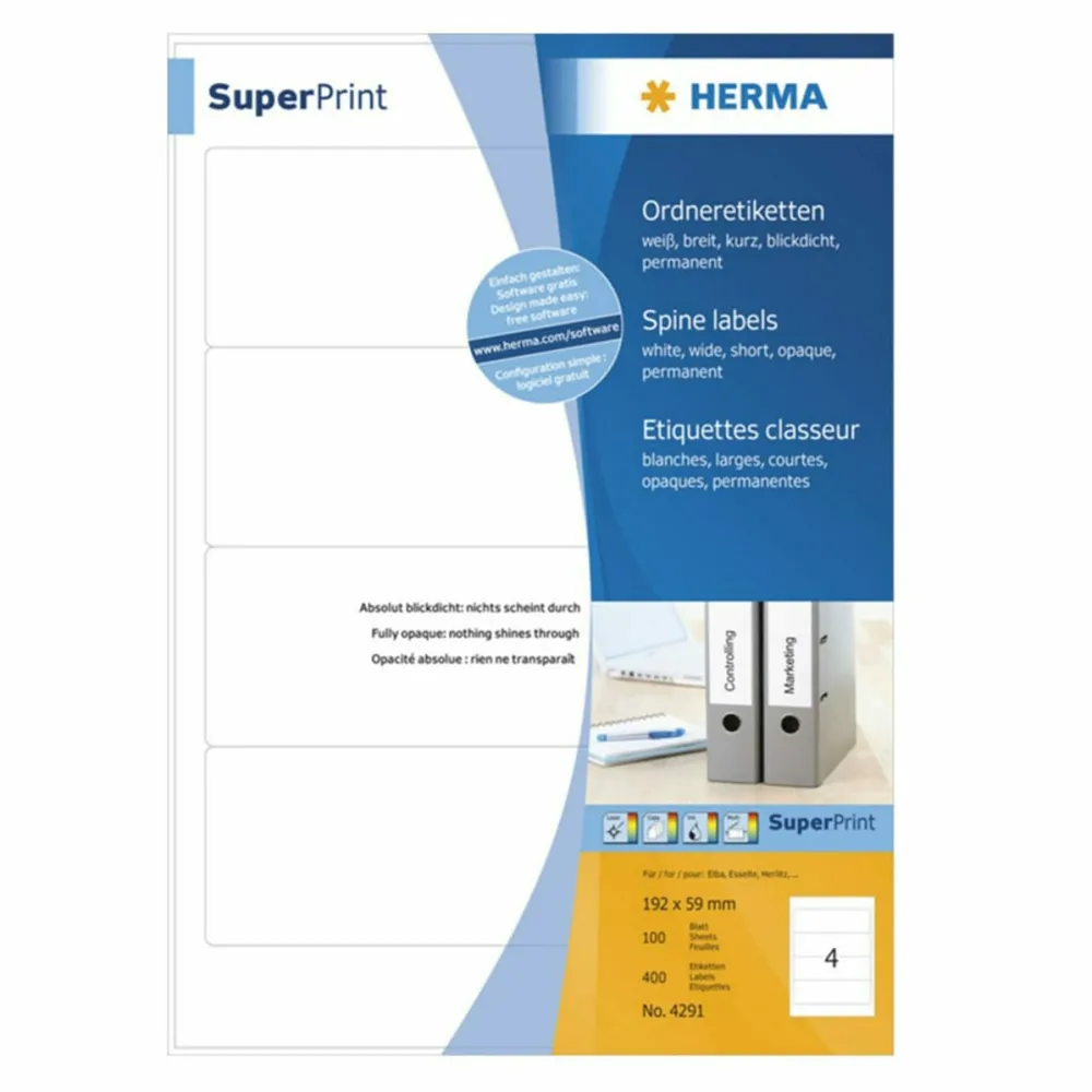 Etichete autoadezive pentru bibliorafturi Herma 4291 A4 192x59 mm opace alb 400 buc