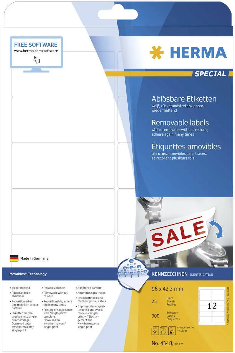Etichete autoadezive dezlipibile Herma 4348 A4 96x42,3 mm alb 300 buc