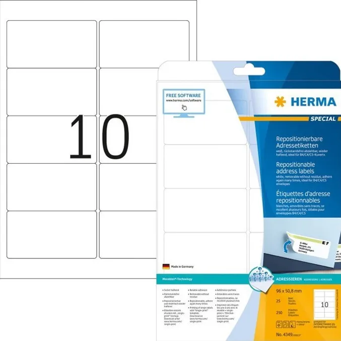 Etichete autoadezive pentru adrese Herma 4349 A4 96x50,8 mm alb 250 buc
